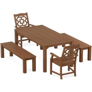 imageMartha Stewart by POLYWOOD Exclusive Chinoiserie 5Piece Parsons Dining Set with Benches MahoganyTeak