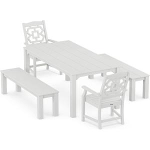 imageMartha Stewart by POLYWOOD Exclusive Chinoiserie 5Piece Parsons Dining Set with Benches MahoganyWhite