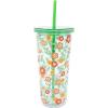 imageMartha Stewart Double Wall Tumbler with Lid and Reusable Straw Floral Plastic Cup Insulated Travel Cup Holds 24 Ounces Floral Cloud Dancer