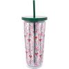 imageMartha Stewart Double Wall Tumbler with Lid and Reusable Straw Floral Plastic Cup Insulated Travel Cup Holds 24 Ounces Holiday Bow Stripe