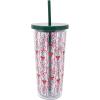 imageMartha Stewart Double Wall Tumbler with Lid and Reusable Straw Floral Plastic Cup Insulated Travel Cup Holds 24 Ounces Holiday Bow Stripe