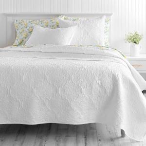 imageMARTHA STEWART 100 Cotton 2 Piece Reversible Quilt Set Washed Percale Light BlueWhite 1 Quilt 1 Std Sham Soft and Breathable Lightweight Ditsy Floral Printed Bedspread Twin SizeSolid White