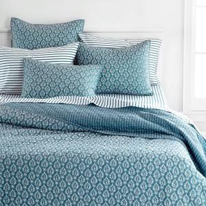 imageMARTHA STEWART 100 Cotton 2 Piece Reversible Quilt Set Washed Percale Light BlueWhite 1 Quilt 1 Std Sham Soft and Breathable Lightweight Ditsy Floral Printed Bedspread Twin SizeBlock Print Blue