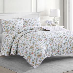 imageMARTHA STEWART 100 Cotton 2 Piece Reversible Quilt Set Washed Percale Light BlueWhite 1 Quilt 1 Std Sham Soft and Breathable Lightweight Ditsy Floral Printed Bedspread Twin SizeBethany Jacobean
