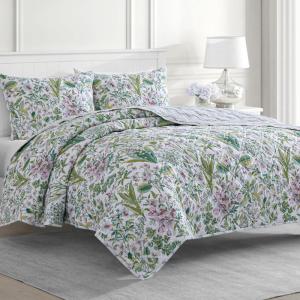 imageMARTHA STEWART 100 Cotton 2 Piece Reversible Quilt Set Washed Percale Light BlueWhite 1 Quilt 1 Std Sham Soft and Breathable Lightweight Ditsy Floral Printed Bedspread Twin SizeScret Garden Floral