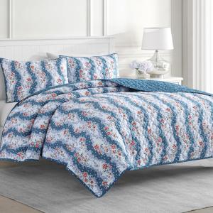 imageMARTHA STEWART 100 Cotton 2 Piece Reversible Quilt Set Washed Percale Light BlueWhite 1 Quilt 1 Std Sham Soft and Breathable Lightweight Ditsy Floral Printed Bedspread Twin SizeHereford Stripe