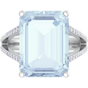 imageMartha Stewart 10 14 Carat Emerald Cut Gemstone Ring with Lab Grown Diamonds in Sterling Silver Choose Your GemstoneAquamarine