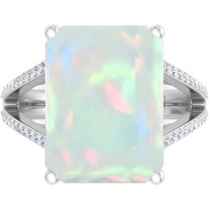 imageMartha Stewart 10 14 Carat Emerald Cut Gemstone Ring with Lab Grown Diamonds in Sterling Silver Choose Your GemstoneOpal