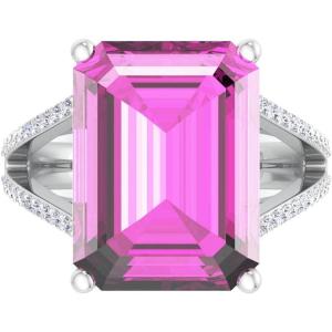 imageMartha Stewart 10 14 Carat Emerald Cut Gemstone Ring with Lab Grown Diamonds in Sterling Silver Choose Your GemstonePink Sapphire
