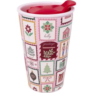 imageMartha Stewart 12 oz Ceramic Travel Mug with Plastic Lid Festive Coffee Cup for Hot Drinks Christmas Gift for Coffee ampamp Tea Lovers Holiday Stamps