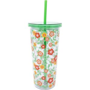 imageMartha Stewart Double Wall Tumbler with Lid and Reusable Straw Floral Plastic Cup Insulated Travel Cup Holds 24 Ounces Floral Cloud Dancer