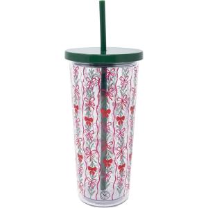 imageMartha Stewart Double Wall Tumbler with Lid and Reusable Straw Floral Plastic Cup Insulated Travel Cup Holds 24 Ounces Holiday Bow Stripe