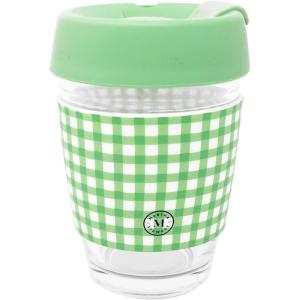 imageMartha Stewart Glass Tumbler 12 Ounce Travel Coffee Mug with Splashproof Lid ampamp Green Gingham Silicone Sleeve Hot or Cold Beverages Arcadian Green Gingham