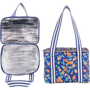 imageMartha Stewart Insulated Cooler Bag Spacious 118quot x 85quot x 122quot Reusable Grocery Bag for Food and Beverages Durable Cotton Canvas with Insulated Interior Floral Deep Ultramarine