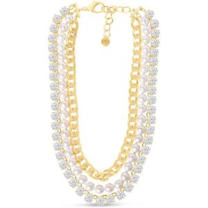 imageMartha Stewart Three Strand Pearl Crystal and Chain Necklace In Gold 18 Inches For Women