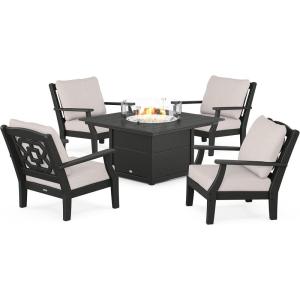 imageMartha Stewart by POLYWOOD Chinoiserie 5Piece Deep Seating Set with Fire Pit Table SandGlacier SpaBlack  Dune Burlap