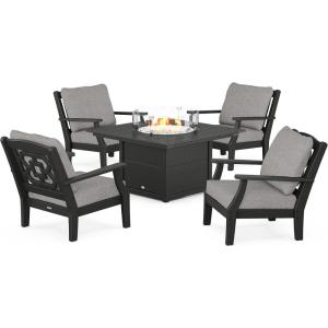 imageMartha Stewart by POLYWOOD Chinoiserie 5Piece Deep Seating Set with Fire Pit Table SandGlacier SpaBlack  Grey Mist