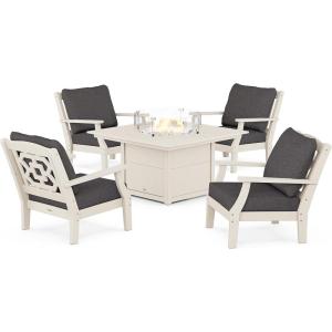 imageMartha Stewart by POLYWOOD Chinoiserie 5Piece Deep Seating Set with Fire Pit Table SandGlacier SpaSand  Ash Charcoal