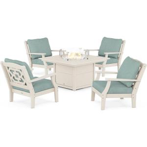 imageMartha Stewart by POLYWOOD Chinoiserie 5Piece Deep Seating Set with Fire Pit Table SandGlacier SpaSand  Glacier Spa