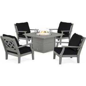 imageMartha Stewart by POLYWOOD Chinoiserie 5Piece Deep Seating Set with Fire Pit Table SandGlacier SpaSlate Grey  Midnight Linen