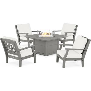 imageMartha Stewart by POLYWOOD Chinoiserie 5Piece Deep Seating Set with Fire Pit Table SandGlacier SpaSlate Grey  Natural Linen