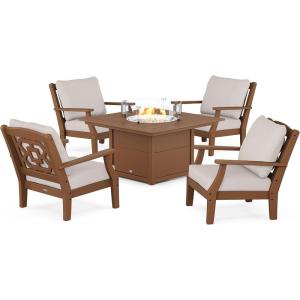 imageMartha Stewart by POLYWOOD Chinoiserie 5Piece Deep Seating Set with Fire Pit Table SandGlacier SpaTeak  Dune Burlap
