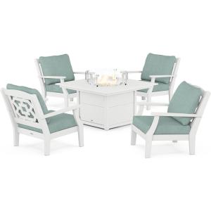 imageMartha Stewart by POLYWOOD Chinoiserie 5Piece Deep Seating Set with Fire Pit Table SandGlacier SpaWhite  Glacier Spa
