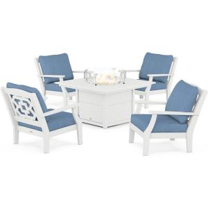 imageMartha Stewart by POLYWOOD Chinoiserie 5Piece Deep Seating Set with Fire Pit Table SandGlacier SpaWhite  Sky Blue