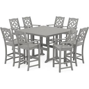 imageMartha Stewart by POLYWOOD Chinoiserie 9Piece Square Bar Set with Trestle Legs SandSlate Grey