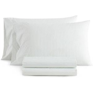 imageMartha Stewart  Queen Size Sheets Set Crisp amp Tailored Cooling Sheets with a Smooth Cotton Percale Lightweight Feel  Bed Sheets with Matching Pillowcases amp Fitted Sheet Francesca Stripe BeigeTicking Stripe Green