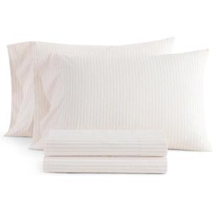 imageMartha Stewart  Queen Size Sheets Set Crisp amp Tailored Cooling Sheets with a Smooth Cotton Percale Lightweight Feel  Bed Sheets with Matching Pillowcases amp Fitted Sheet Francesca Stripe BeigeTicking Stripe Pink