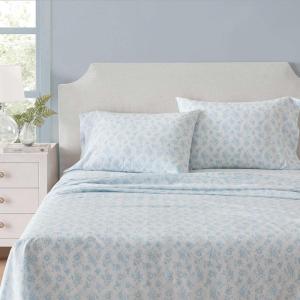 imageMartha Stewart  Queen Size Sheets Set Crisp amp Tailored Cooling Sheets with a Smooth Cotton Percale Lightweight Feel  Bed Sheets with Matching Pillowcases amp Fitted Sheet Francesca Stripe BeigeFloral Blue