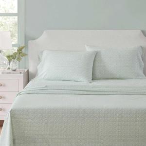 imageMartha Stewart  Queen Size Sheets Set Crisp amp Tailored Cooling Sheets with a Smooth Cotton Percale Lightweight Feel  Bed Sheets with Matching Pillowcases amp Fitted Sheet Francesca Stripe BeigeLeaves Green