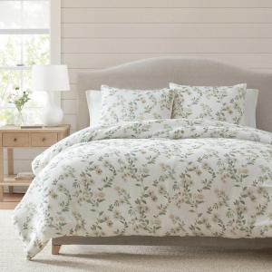 imageMartha Stewart  Queen Duvet Cover Set Smooth Sateen Front with Subtle Sheen amp Lightweight Cotton Percale Reverse 3 Piece Bed Set with Matching Pillowcases Sophia Stripe BlueHazel Floral Beige