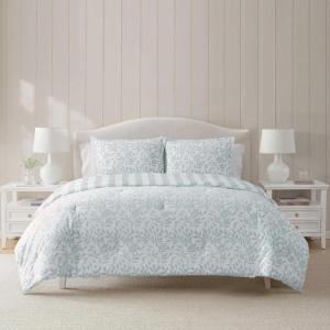 imageMartha Stewart  Queen Duvet Cover Set Smooth Sateen Front with Subtle Sheen amp Lightweight Cotton Percale Reverse 3 Piece Bed Set with Matching Pillowcases Sophia Stripe BlueCopper Vines Blue