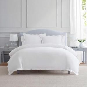 imageMartha Stewart  Queen Duvet Cover Set Smooth Sateen Front with Subtle Sheen amp Lightweight Cotton Percale Reverse 3 Piece Bed Set with Matching Pillowcases Sophia Stripe BlueSimple Scallop Beige