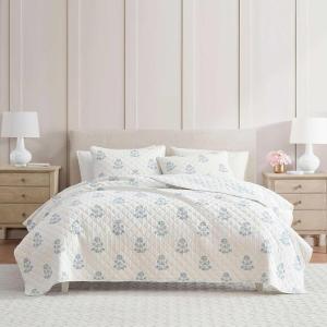 imageMartha Stewart  Queen Quilt Set 100 Soft amp Breathable Bedding with a Lightweight Feel for Year Round Comfort 3 Piece Bed Set with Matching Pillowcases Olivia Gingham BlueFlower Block Blue