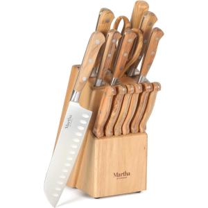 imageMartha Stewart Austenwood 15Piece Knife Block Set German Stainless Steel Kitchen Knives with Forged Italian Olive Wood HandleStainless Steel Blade  Olive Wood Handle