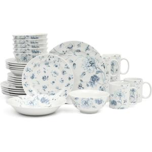 imageMartha Stewart Empress Bouquet 30 Piece Decorated Porcelain Chip and Scratch Resistant Dinnerware Plates and Bowls Set  Blue FloralBlue Floral