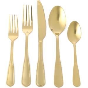 imageMartha Stewart Torino 20Piece Gold Flatware Set Service for 4  Stainless Steel Silverware wPVD Gold Handle Mirror Polish  Dishwasher Safe Rust Resistant Chip Resistant  Glamorous Utensil SetGold Torino