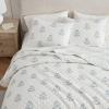 imageMartha Stewart  Queen Size Quilt Set Soft amp Smooth Sateen Bedding with a Light and Breathable Feel 3 Piece Bed Set with Matching Pillowcases Fern Embroidery GreyFlower Block Blue