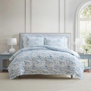 imageMartha Stewart  Queen Comforter Set 100 Silky Smooth Cotton Sateen Floral Bedding for Year Round Comfort 3 Piece Bed Set with Matching Pillowcases Songbird YellowFarmhouse Toile Blue