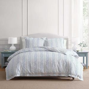 imageMartha Stewart  Queen Comforter Set 100 Silky Smooth Cotton Sateen Floral Bedding for Year Round Comfort 3 Piece Bed Set with Matching Pillowcases Songbird YellowVerbena Stripe Blue