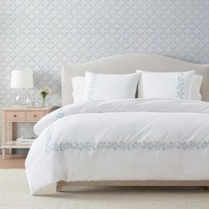 imageMartha Stewart  Queen Duvet Cover Set 100 Smooth amp Silky Sateen Cotton Bedding with a Cotton Percale Reverse 3 Piece Floral Bedding with Matching Pillowcases Songbird YellowGarden Path Embroidery Blue