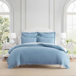 imageMartha Stewart  Queen Duvet Cover Set 100 Smooth amp Silky Sateen Cotton Bedding with a Cotton Percale Reverse 3 Piece Floral Bedding with Matching Pillowcases Songbird YellowSignature Scallop Blue