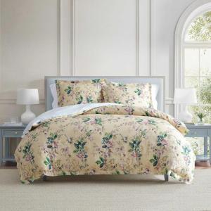 imageMartha Stewart  Queen Duvet Cover Set 100 Smooth amp Silky Sateen Cotton Bedding with a Cotton Percale Reverse 3 Piece Floral Bedding with Matching Pillowcases Songbird YellowSongbird Yellow