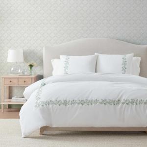 imageMartha Stewart  Queen Duvet Cover Set 100 Smooth amp Silky Sateen Cotton Bedding with a Cotton Percale Reverse 3 Piece Floral Bedding with Matching Pillowcases Songbird YellowGarden Path Embroidery Green