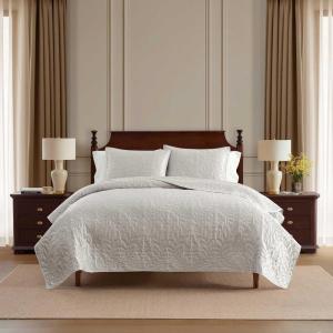 imageMartha Stewart  Queen Size Quilt Set Soft amp Smooth Sateen Bedding with a Light and Breathable Feel 3 Piece Bed Set with Matching Pillowcases Fern Embroidery GreyFern Embroidery Grey