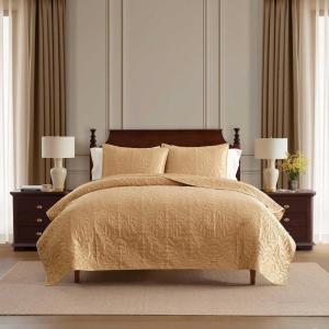 imageMartha Stewart  Queen Size Quilt Set Soft amp Smooth Sateen Bedding with a Light and Breathable Feel 3 Piece Bed Set with Matching Pillowcases Fern Embroidery GreyFern Embroidery Beige