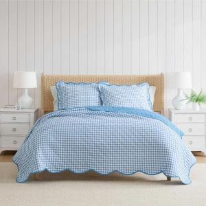 imageMartha Stewart  Queen Size Quilt Set Soft amp Smooth Sateen Bedding with a Light and Breathable Feel 3 Piece Bed Set with Matching Pillowcases Fern Embroidery GreyOlivia Gingham Blue